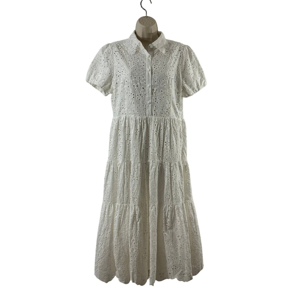 Chicwish White Eyelet Cotton Tiered Midi Dress Short Puff Sleeve Collared L